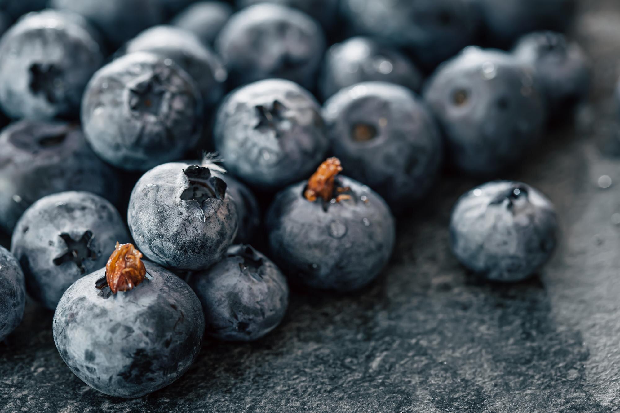 Hamparan blueberry segar berwarna biru ungu tua yang kaya dengan nutrien